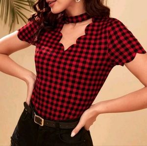 SHEIN Choker Neck Scallop Trim Gingham Top